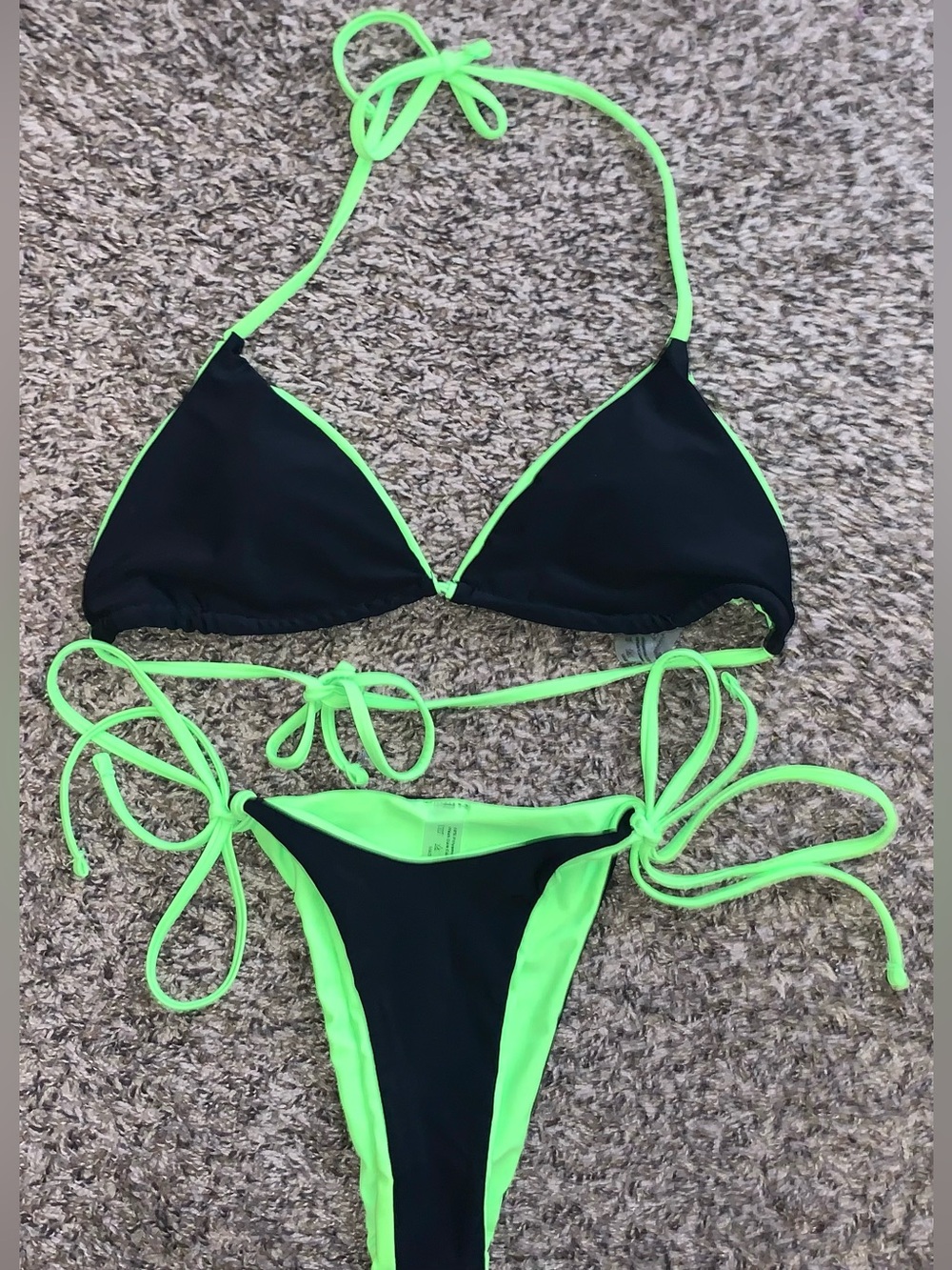 SHEIN Black and Neon Green String Triangle Bikini
